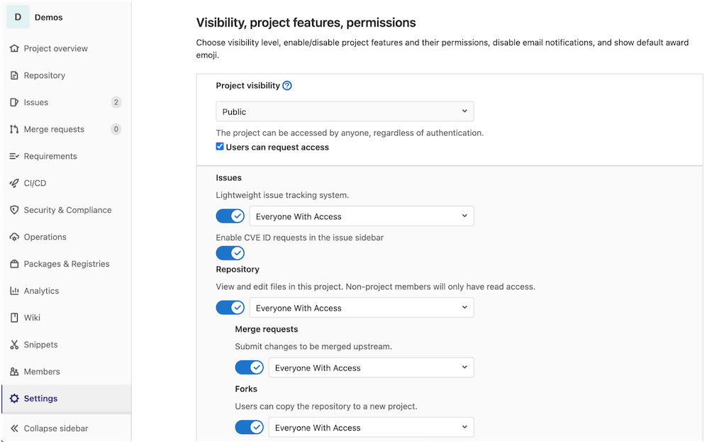 Project settings page showing enabled visibility settings for a public project